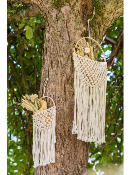 WANDDEKO MAKRAMEE ARRUNDIE BEUTEL WEISS CASSE 30CM X 1CM X 64-74CM