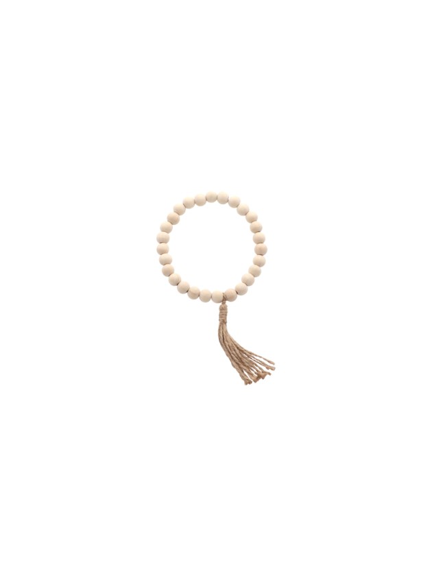 ANNEAU PERLES BOIS ET POMPOMS 10CM X 18.5CM X 1.3CM