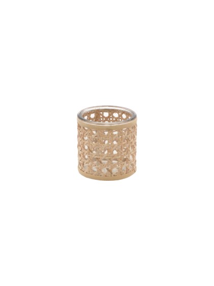 GLASS CANDLE HOLDER WITH RATTAN DIA 8CM X 8CM