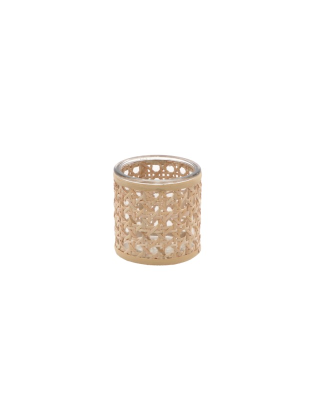 GLASS CANDLE HOLDER WITH RATTAN DIA 8CM X 8CM
