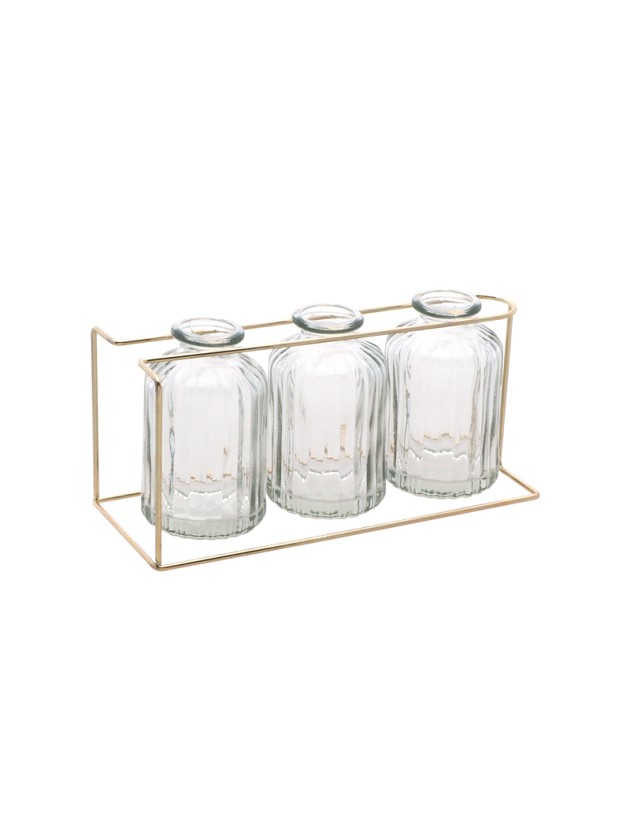 3 VASES GLAS TRANSPARENT AUF METALLSTÄNDER GOLD 22CM X 8.5CM X 10.5CM