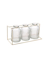 3 VASES GLAS TRANSPARENT AUF METALLSTÄNDER GOLD 22CM X 8.5CM X 10.5CM