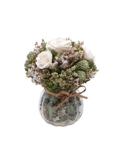 BOUQUET FLEURS BLANCHES MARGOT DANS VASE VERRE DIA 12CM X 15CM