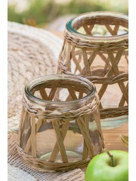 KERZENHALTER GLAS TRANSPARENT UND FLECHTWERK NATUR PM DIA 10CM X 9CM
