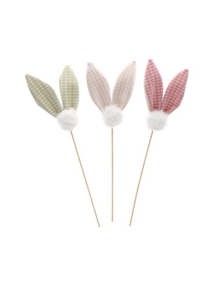 STICK OREILLES LAPIN VICHY POMPOM - 3 ASS 8CM X 2CM X 30CM