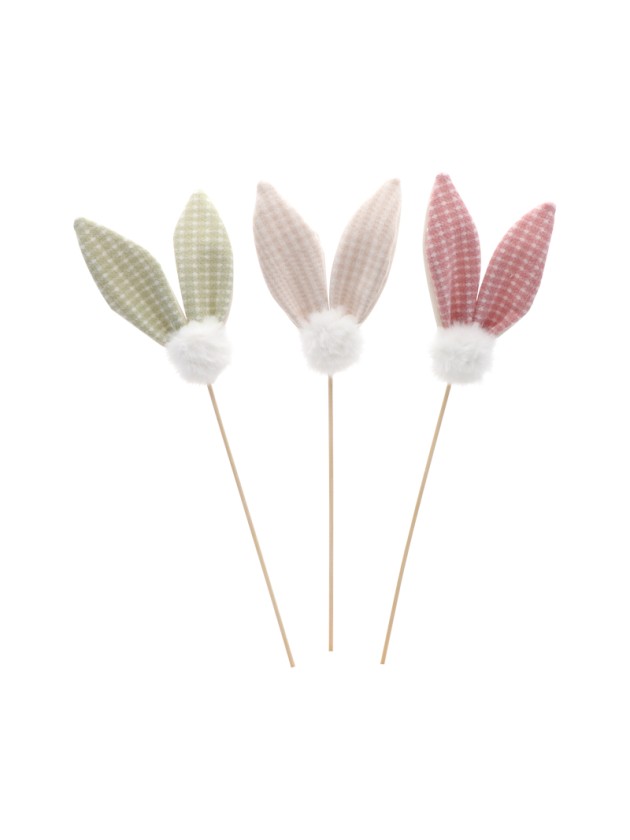 STICK OREILLES LAPIN VICHY POMPOM - 3 ASS 8CM X 2CM X 30CM