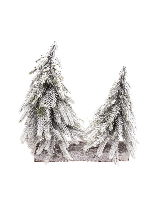 CENTRE DE TABLE BOIS 2 SAPINS NEIGE REALISTES 20CM X 5CM X 22CM
