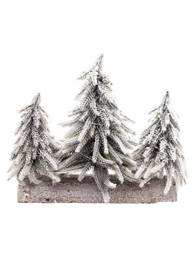 TISCHDEKORATION HOLZ 3 TANNEN SCHNEE REALISTES 20 LEDs 32CM X 8CM X 27CM