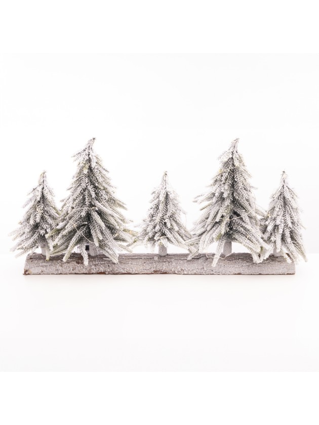 CENTRE DE TABLE BOIS 5 SAPINS NEIGE REALISTES 35 LEDS 53CM X 8CM X 25CM