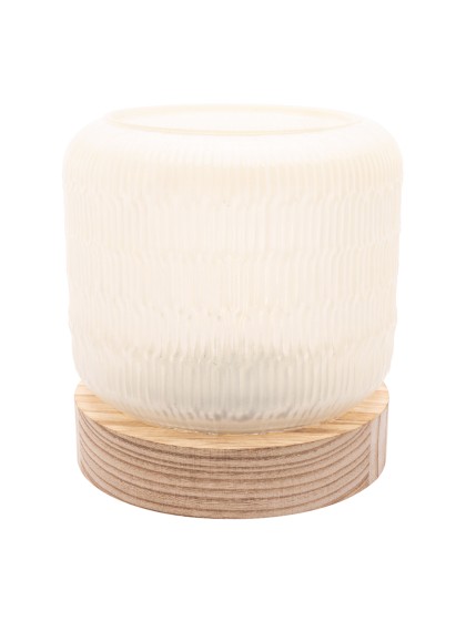 WHITE GLASS LAMP ON WOODEN BASE W/ LED BULB DIA 13.2CM X 14.5CM