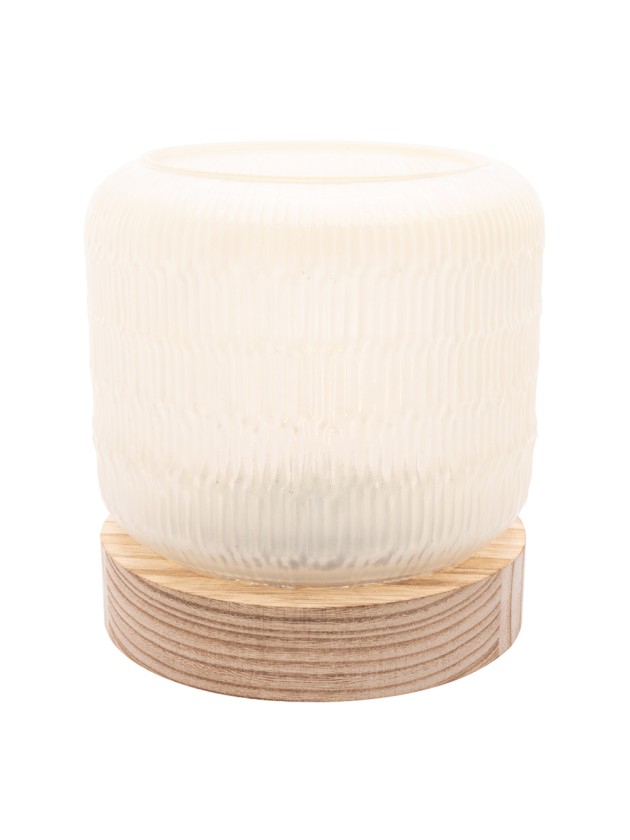 WHITE GLASS LAMP ON WOODEN BASE W/ LED BULB DIA 13.2CM X 14.5CM