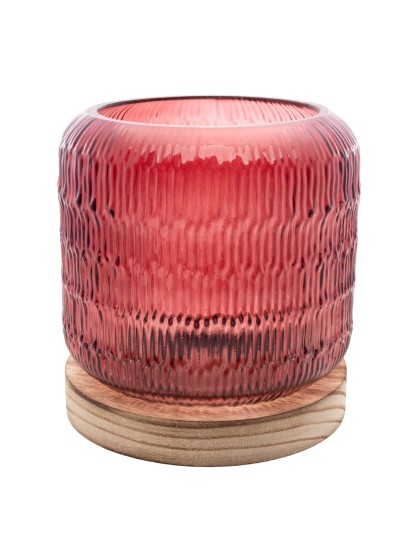 BURGUNDY GLASS LAMP ON WOODEN BASE W/ LED BULB DIA 13.2CM X 14.5CM