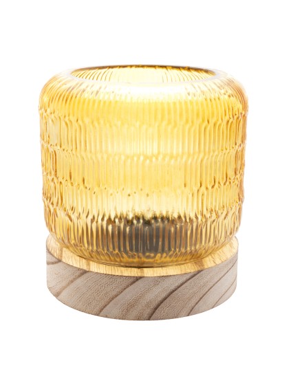 AMBER GLASS LAMP ON WOODEN BASE W/ LED BULB DIA 13.2CM X 14.5CM