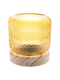 AMBER GLASS LAMP ON WOODEN BASE W/ LED BULB DIA 13.2CM X 14.5CM