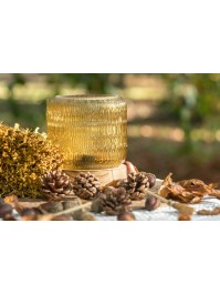 AMBER GLASS LAMP ON WOODEN BASE W/ LED BULB DIA 13.2CM X 14.5CM