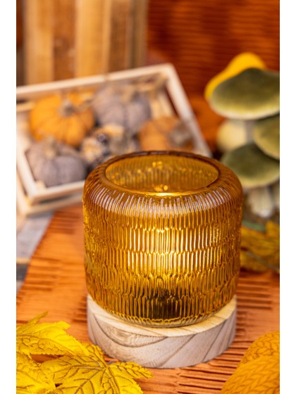 AMBER GLASS LAMP ON WOODEN BASE W/ LED BULB DIA 13.2CM X 14.5CM