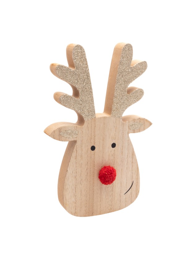 TETE RENNE JUSTIN NEZ ROUGE BOIS PAILLETTE OR 13CM X 2CM X 20CM