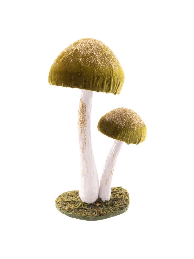 2 PILZE FAIRY SAMT GRÜN PAILLETTEN GOLD 12CM X 11CM X 25CM