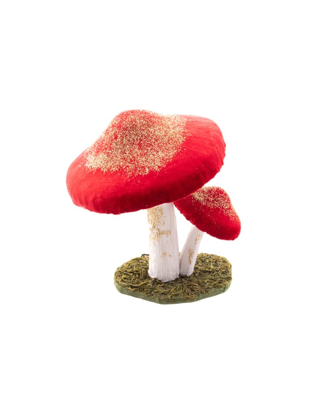 2 CHAMPIGNONS FAIRY VELOURS ROUGE RUBIS PAILLETTES OR 15CM X 14CM X 17CM