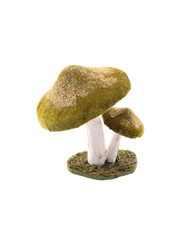 2 CHAMPIGNONS FAIRY VELOURS VERT PAILLETTES OR 15CM X 14CM X 17CM