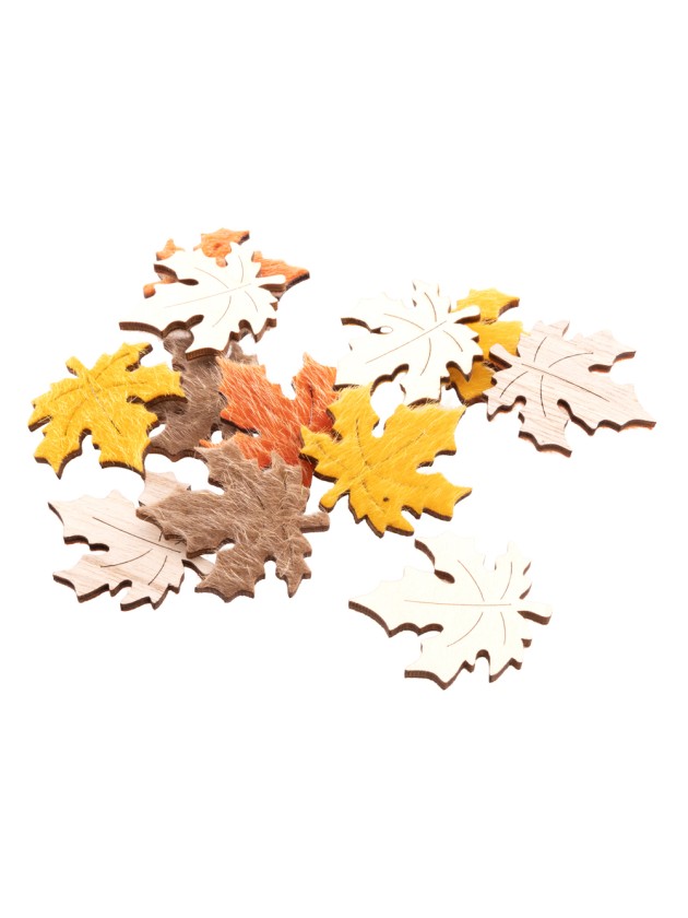 BAG OF 12 WOODEN/FELT AUTUMN LEAVES ASS COLORS 4CM