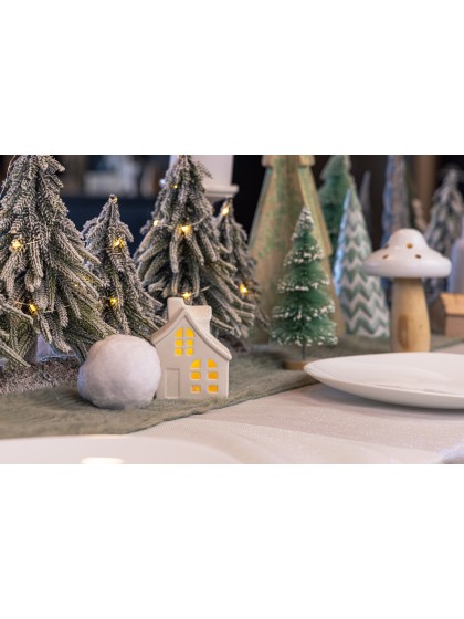 CERAMIC WHITE HOUSE GLITTERED ROOF LEDS 7.5CM X 6CM X 10CM