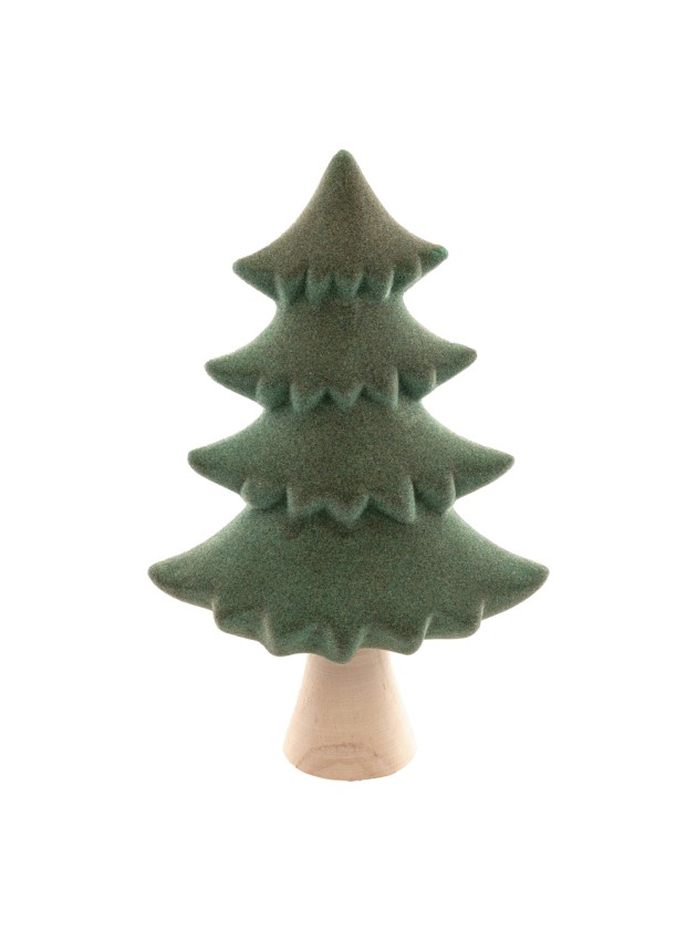 CERAMIC SAVAGE GREEN FLOCKED TREE ON WOODEN BASE 15.2CM X 7.9CM X 23.6CM