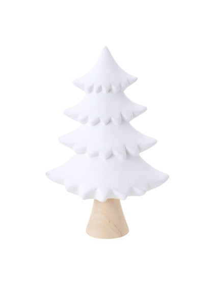 CERAMIC WHITE FLOCKED TREE ON WOODEN BASE 15.2CM X 7.9CM X 23.6CM