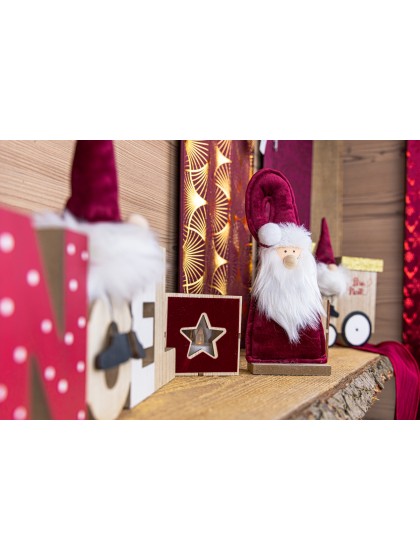 CENTRE DE TABLE PERE NOEL VELOURS BORDEAUX FOURRURE BARBE BLANCHE 12CM X 5CM X 31CM