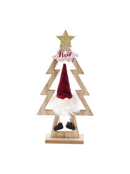 CENTRE DE TABLE SAPIN PERE NOEL VELOURS BORDEAUX FOURRURE BARBE BLANCHE 15CM X 5CM X 29CM