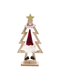 WOODEN TABLE CENTER TREE W/ BURGUNDY VELVET SANTA WHITE BEARD 15CM X 5CM X 29CM