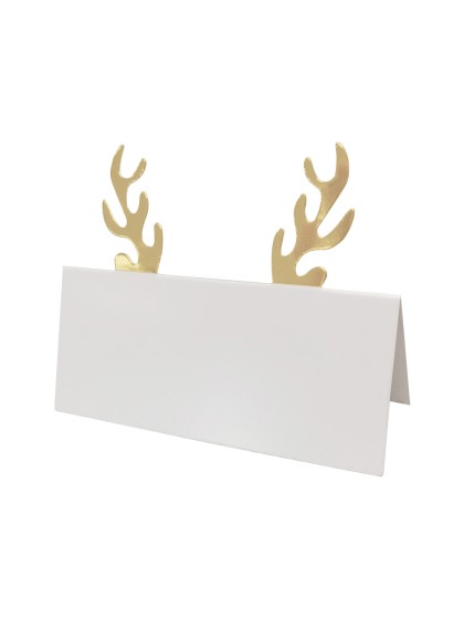 6 TISCHKARTEN WEISS HOLZ AUS RENTIER GOLD METALL 9CM X 4CM