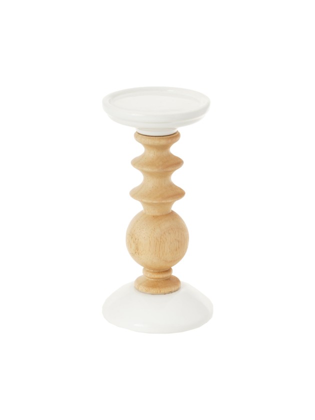 NATURAL WOODEN AND WHITE CERAMIC CANDLEHOLDER DIA 10CM X 20CM