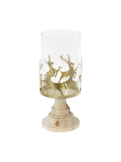 PHOTOPHORE VERRE OR MAT MOTIF RENNE SUR SOCLE BOIS DIA 12.5CM X 25CM