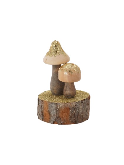 WOOD MUSHROOMS WITH GOLD GLITTER ON BASE 6CM X 9CM