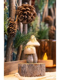 WOOD MUSHROOMS WITH GOLD GLITTER ON BASE 6CM X 9CM