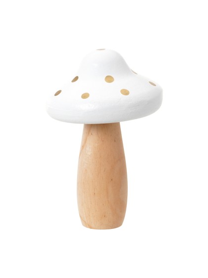 WHITE W/ GOLDEN DOTS GIANT NATURAL WOODEN MUSHROOM DIA 10.5CM X 15.5CM