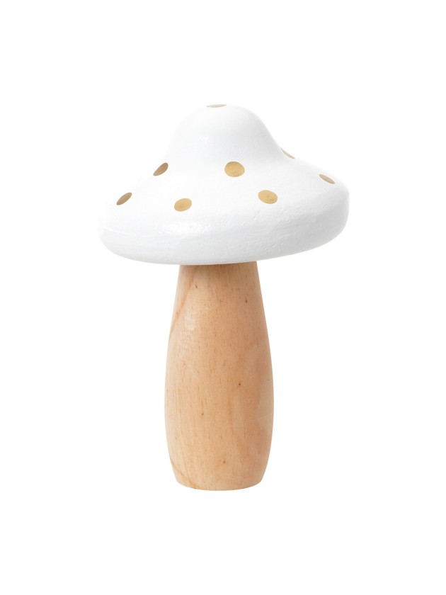 WHITE W/ GOLDEN DOTS GIANT NATURAL WOODEN MUSHROOM DIA 10.5CM X 15.5CM