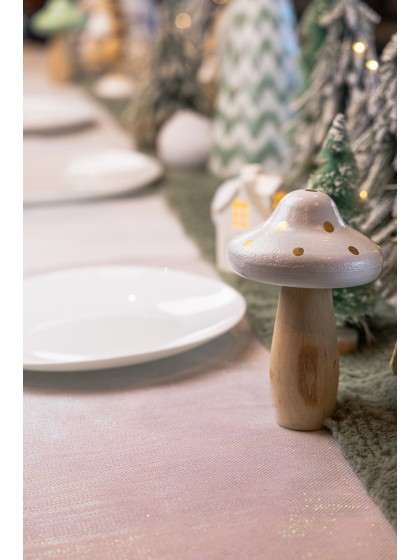 WHITE W/ GOLDEN DOTS GIANT NATURAL WOODEN MUSHROOM DIA 10.5CM X 15.5CM