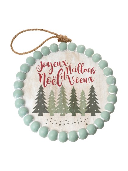 WOODEN WHITE BLEACHED DECO TREES AND JOYEUX NOEL W/ ROPE AND BEADS DIA 25CM