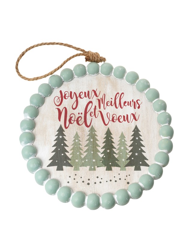 DEKO HOLZ BLANCHI MIT SEIL FROHE WEIHNACHTEN TANNEN PERLEN GRÜN DIA 25CM