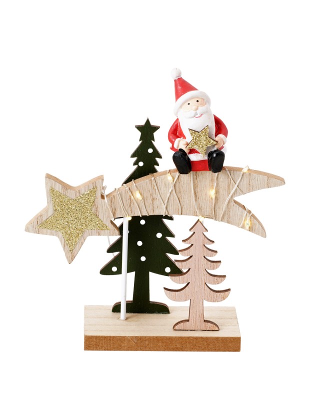 TISCHDEKORATION HOLZ STERN FILANTE HAPPY SANTA MIT LEDs 14.5CM X 5CM X 15CM