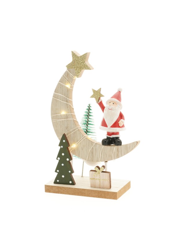 WOODEN MOON TABLE CENTER W/ LEDS HAPPY SANTA  11CM X 5CM X 16.5CM