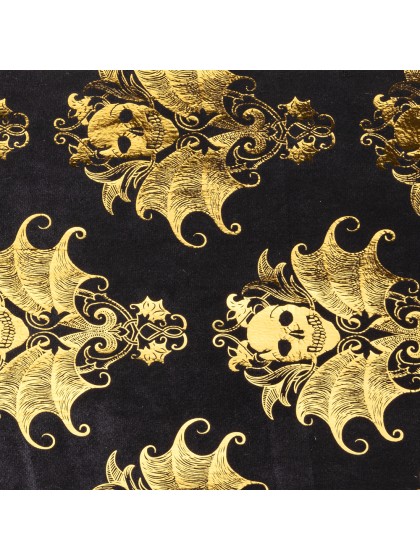 CHEMIN DE TABLE VELOURS NOIR SKULL BAROQUE IMPRESSION OR 28CM X 3M