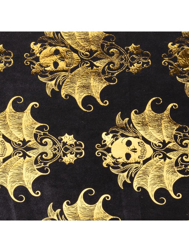 CHEMIN DE TABLE VELOURS NOIR SKULL BAROQUE IMPRESSION OR 28CM X 3M
