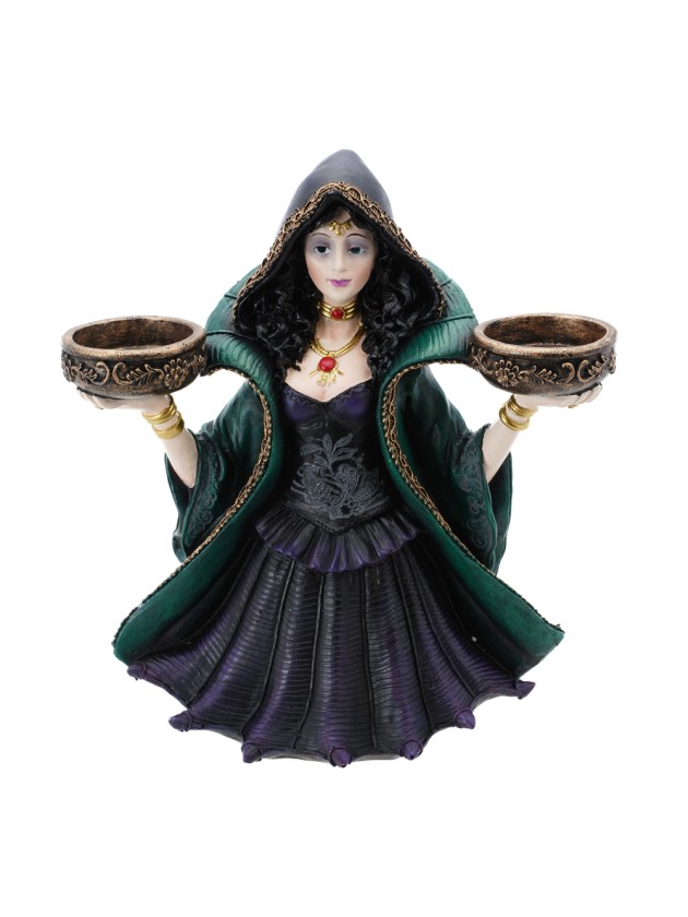 SORCIERE POLYRESINE PORTE 2 BOUGIES 22CM X 11CM X 24.5CM