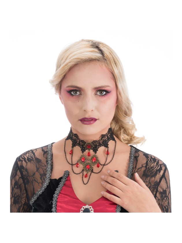 COLLIER RAS DE COU DENTELLE ET PERLES ROUGES 