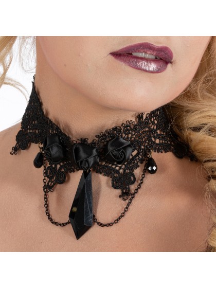 BLACK LACE CHOKER/NECKLACE WITH BLACK ROSES AND PEARLS 