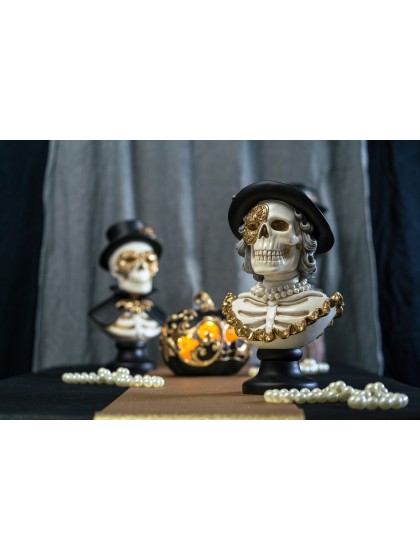 GOLDEN SKELETON WOMAN RESIN BUST 23.5CM X 19.5CM X 40.5CM