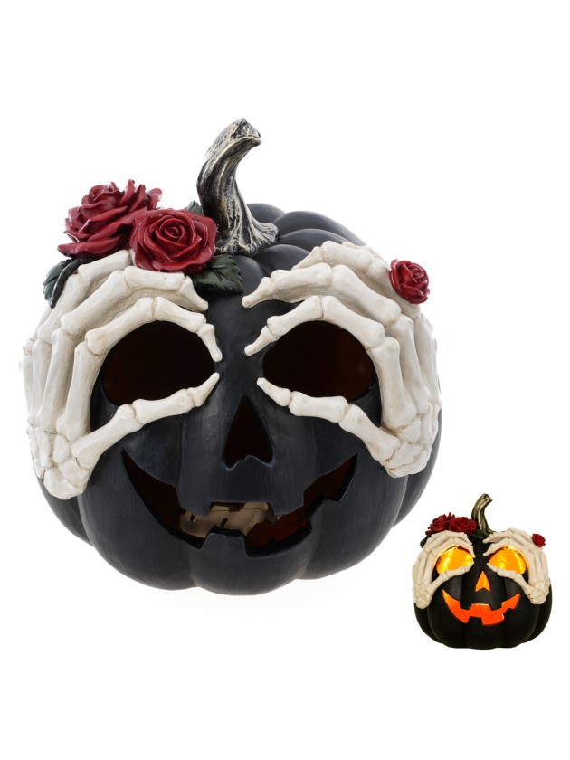 BLACK RESIN PUMPKIN WITH SKELETON HANDS DIA 22CM X 23CM